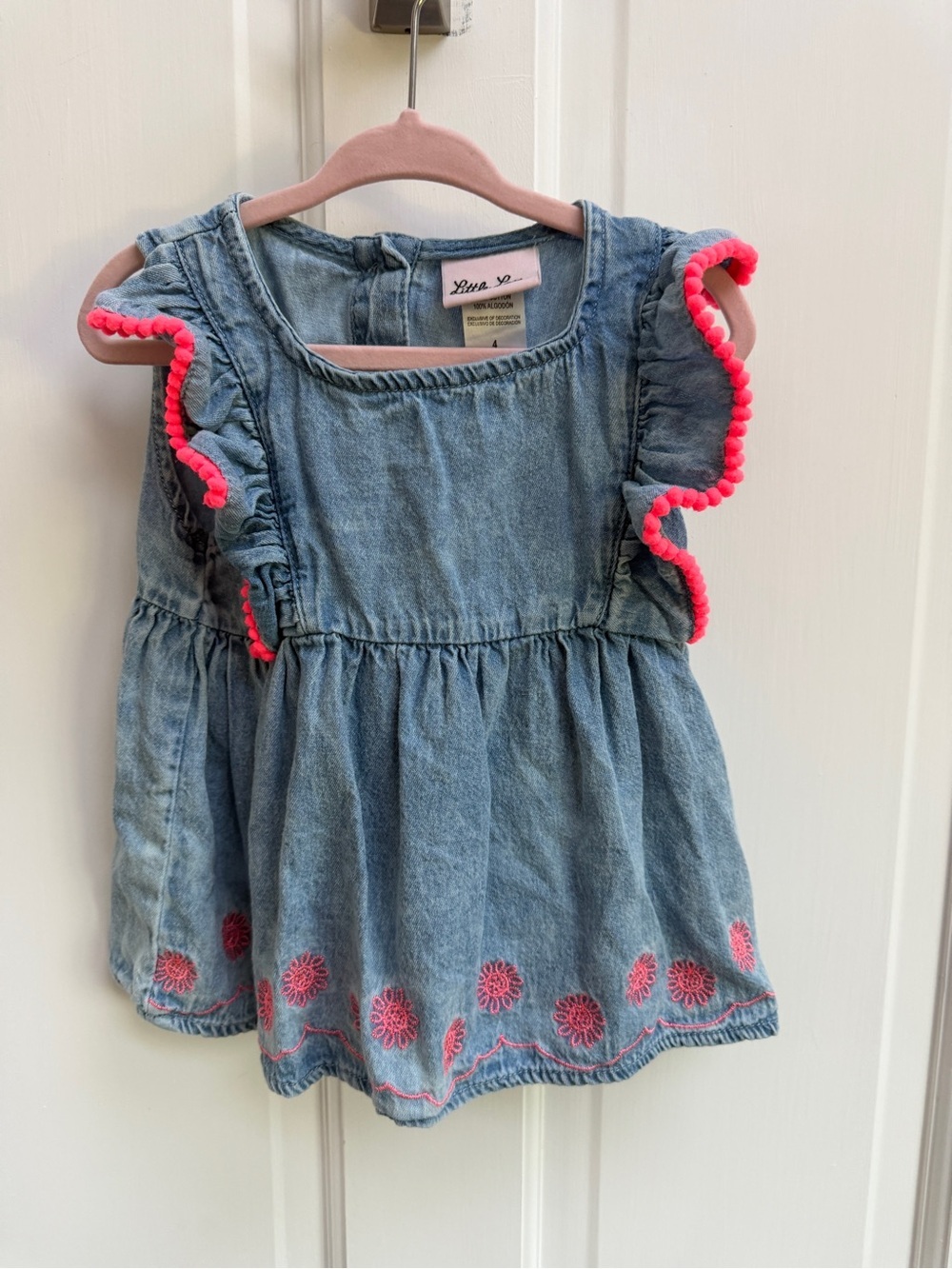 Little Lass Girls 4 Blue Denim Short Sleeve Ruffle Blouse Top Shirt Pink Trim